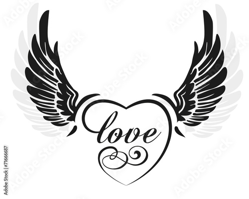 Black wings with heart, illustration isolated on white