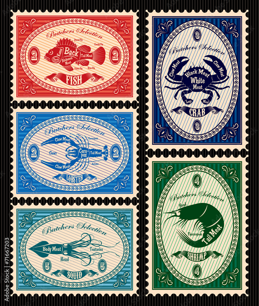 set of  postage stamps with seafood