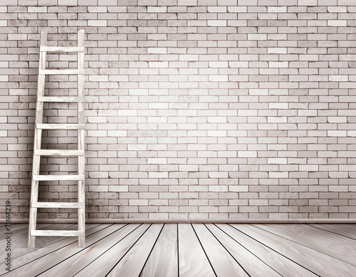Old white brick wall background with wooden ladder. Vector