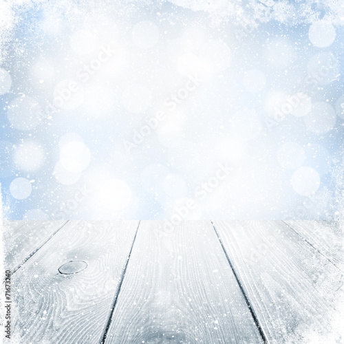 Christmas winter background with snow and wooden table