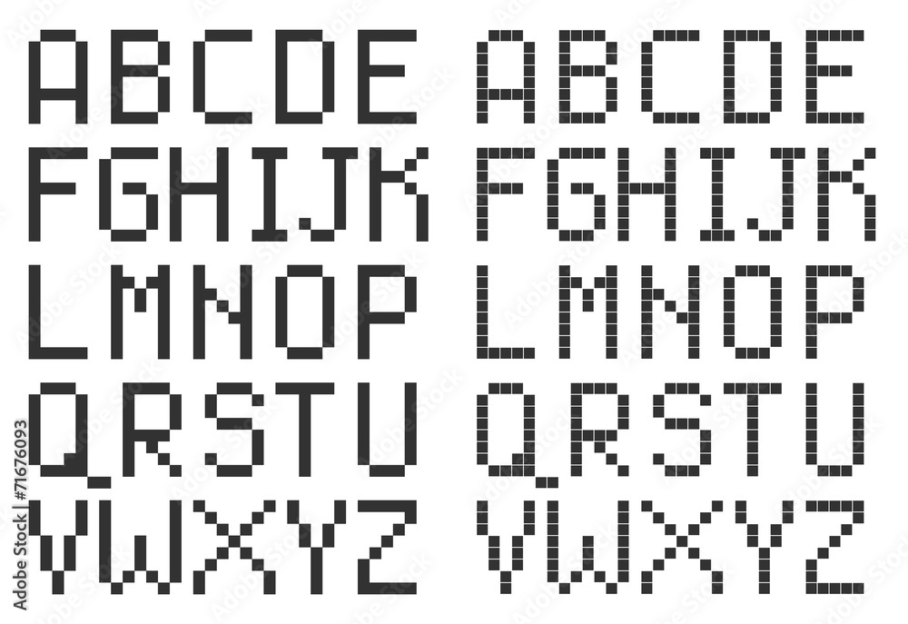 pixel art style uppercase alphabet, black square letters on Stock