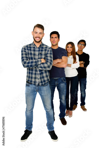 Group of a people standing on a whtie