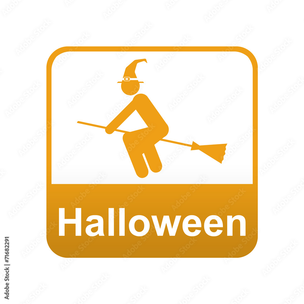 Etiqueta app abajo Halloween con bruja volando