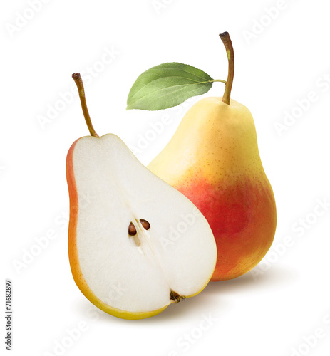 Yellow pear and half split isolated on white background