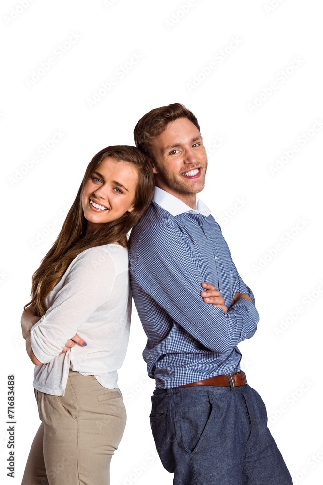 Portrait of happy couple back to back Portrait of happy couple back to back