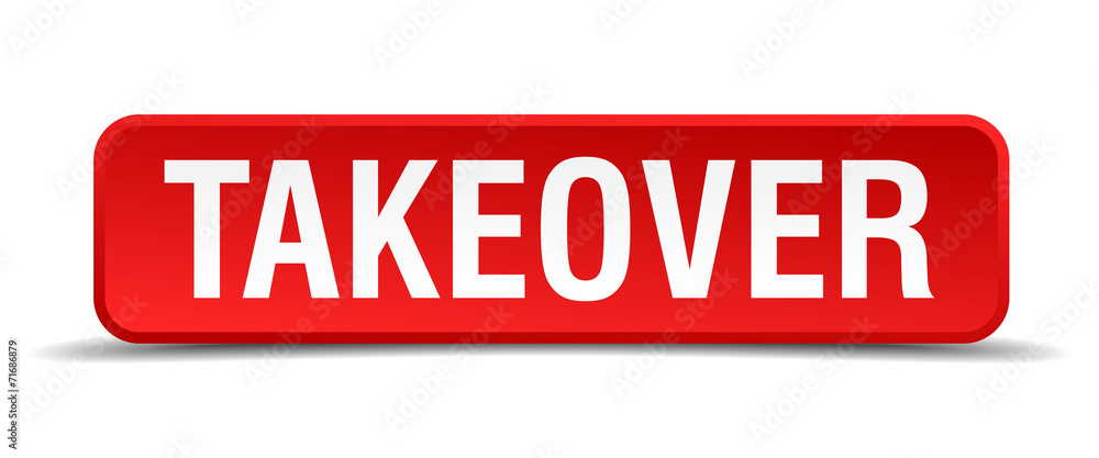 Takeover red 3d square button isolated on white Takeover red 3d square button isolated on white