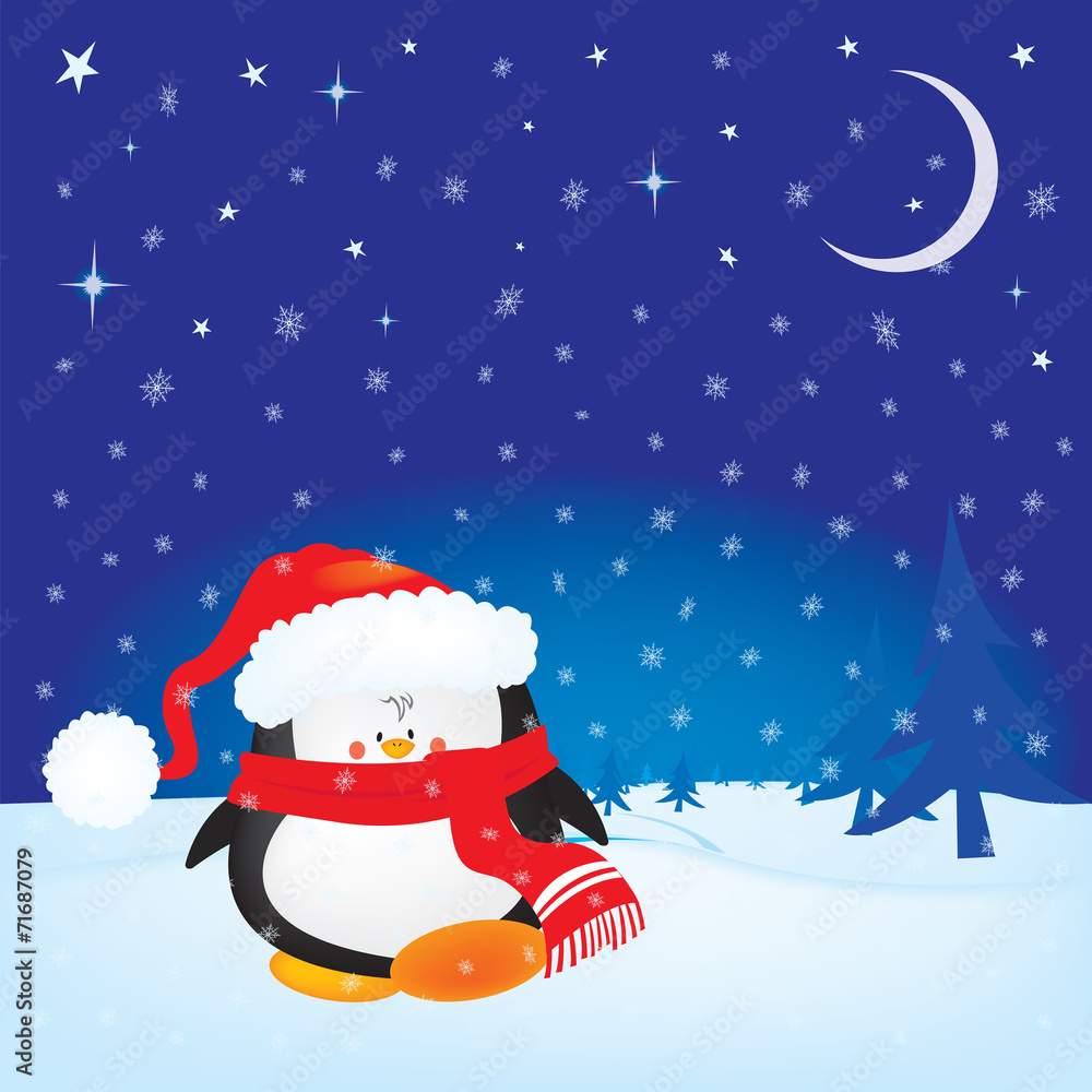 Cute little Christmas penguin on winter night background Cute little Christmas penguin on winter night background