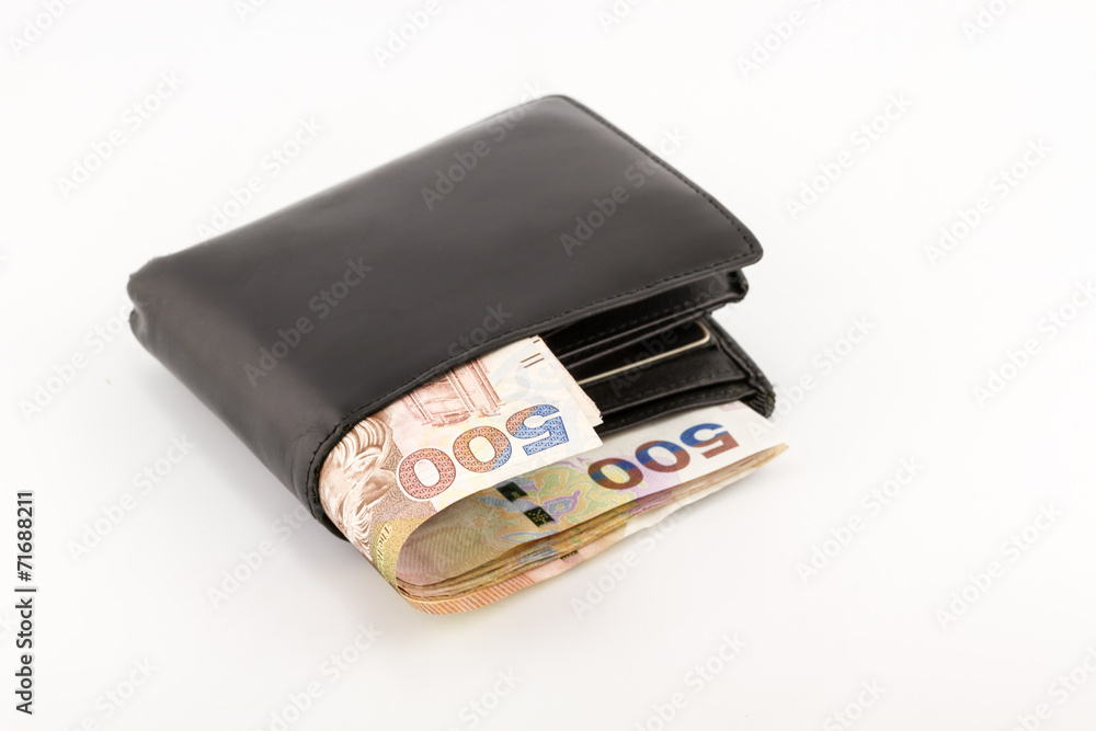 Hong Kong currency and wallet on white background Hong Kong currency and wallet on white background