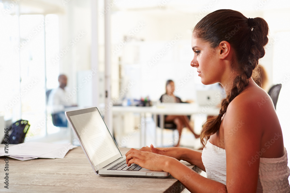 Woman Using Laptop In Modern Office Of Start Up Business Woman Using Laptop In Modern Office Of Start Up Business