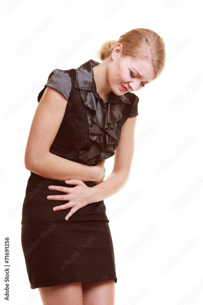 Indigestion. Woman suffering from stomach pain isolated. Indigestion. Woman suffering from stomach pain isolated.