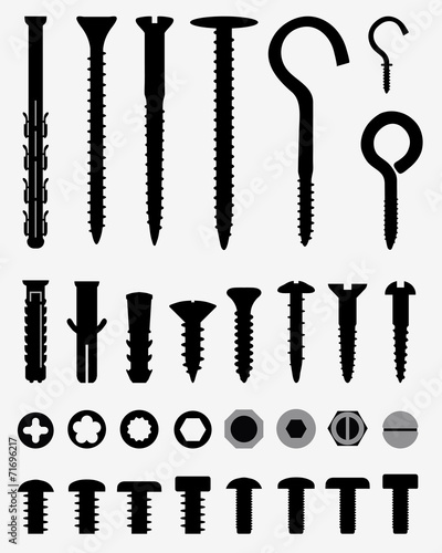 Black silhouettes of wall plugs, bolts, nuts and screws