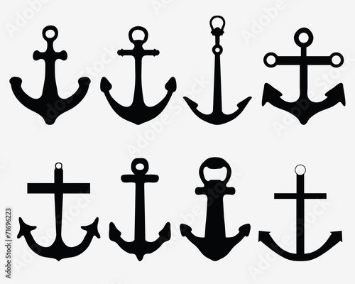Black silhouettes of different  anchors, vector