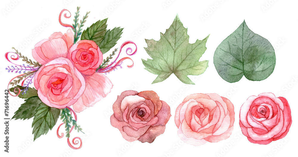 Set of red pink flowers and leaves Set of red pink flowers and leaves