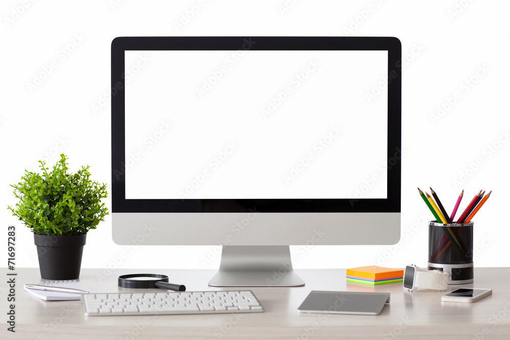 computer with isolated screen stands on the table computer with isolated screen stands on the table