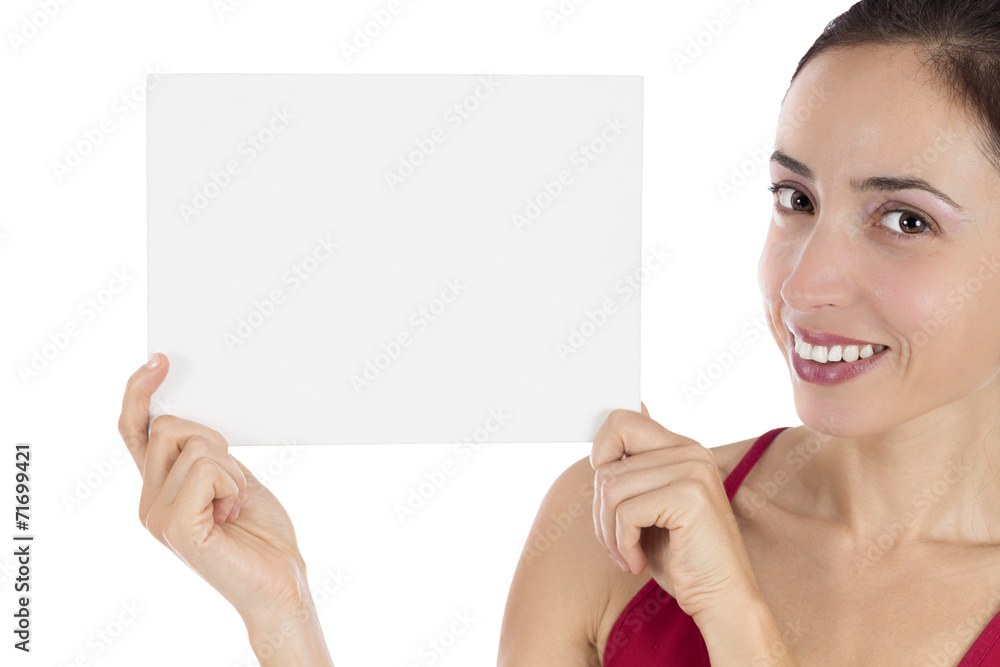 Smiling young woman holding a marketing poster Smiling young woman holding a marketing poster