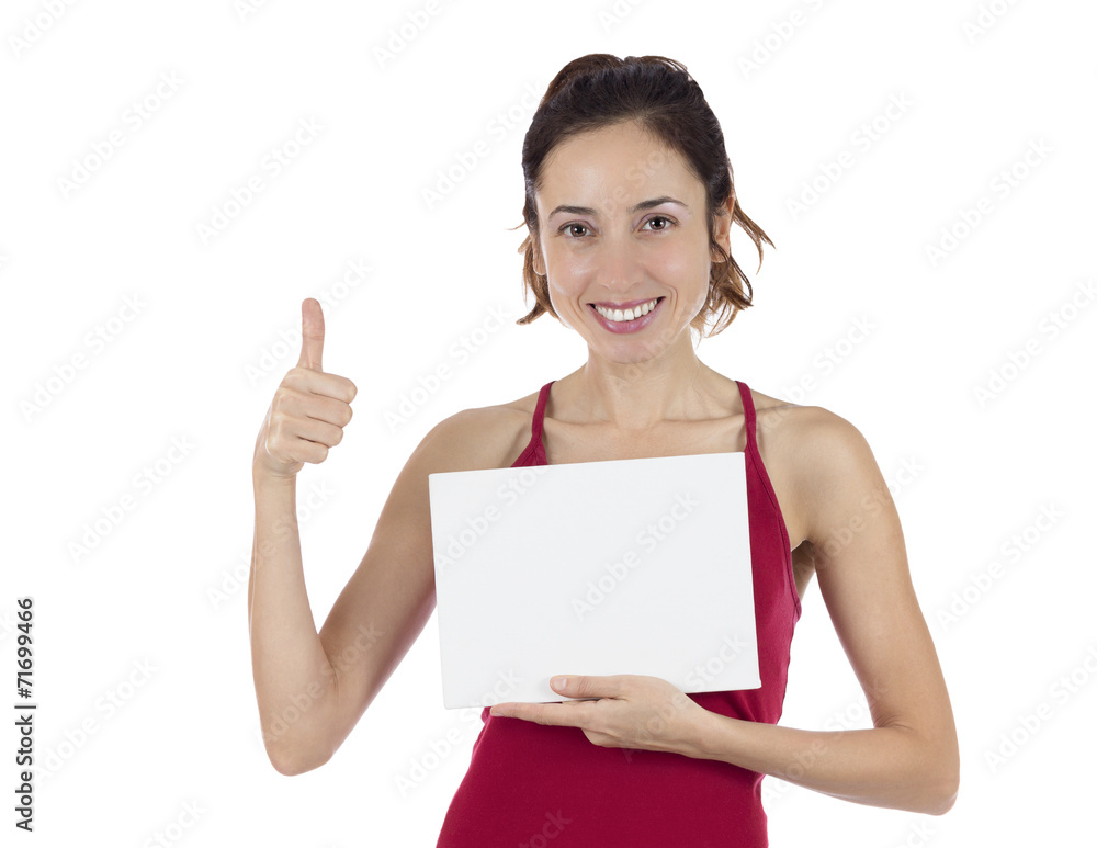 Advertisement woman thumbs up showing placard with copyspace Advertisement woman thumbs up showing placard with copyspace