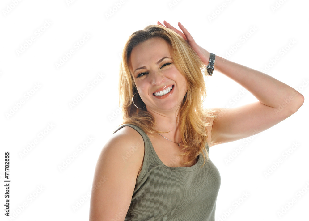Portrait of young smiling blonde with raised hand Portrait of young smiling blonde with raised hand