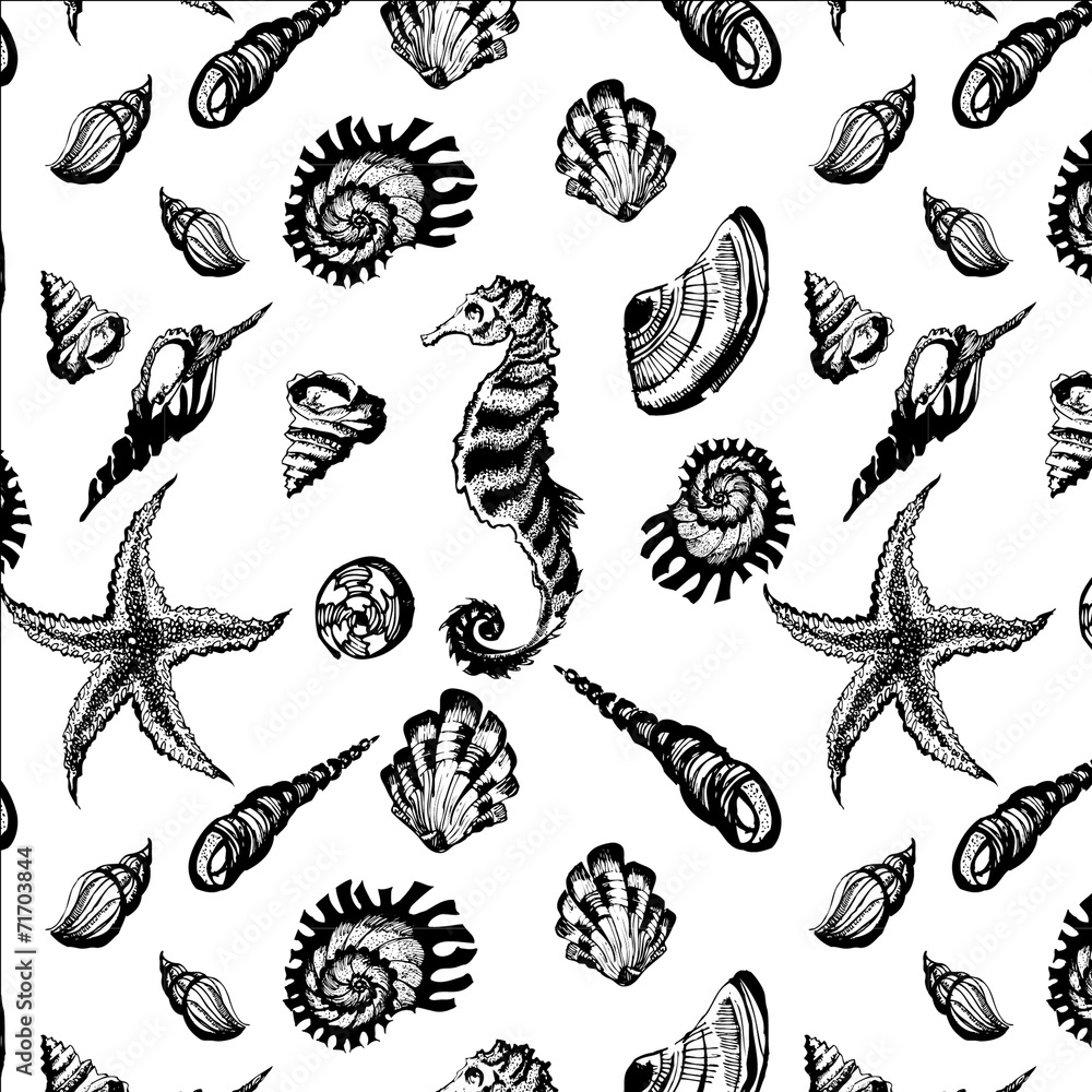 black and white seamless background with sea life