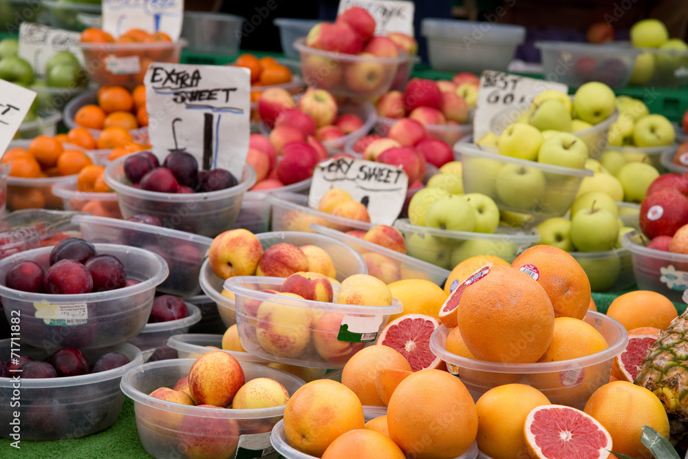 selection of fresh fruit at a food market.