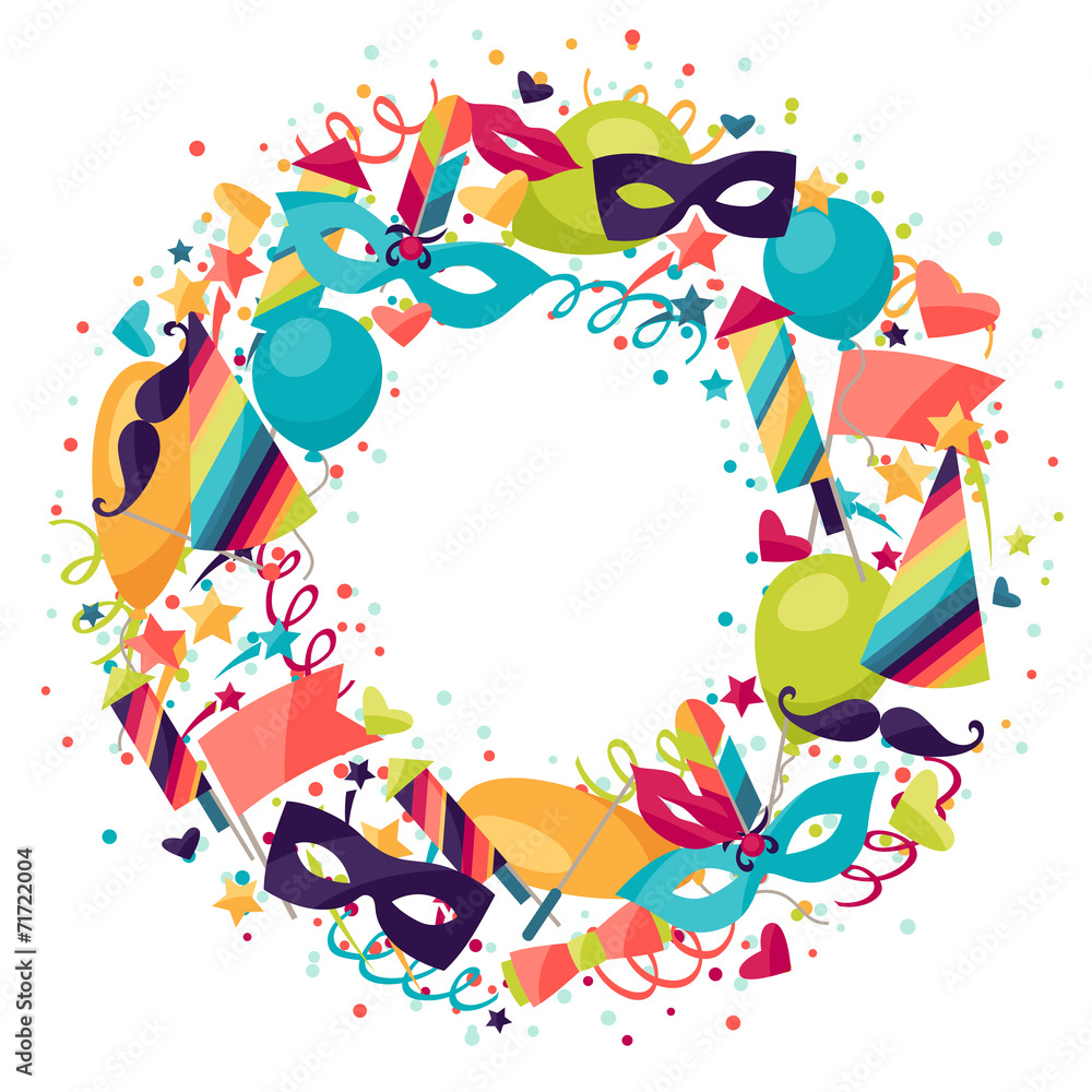 Naklejka premium Celebration festive background with carnival icons and objects.