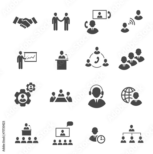 Business people online meeting strategic pictograms set of