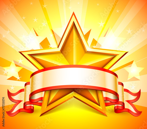 Ribbon and golden star on bright background.