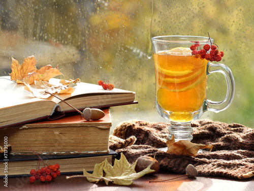 Still life with hot  tea in autumn decoration