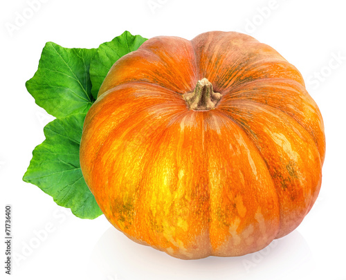 yellow pumpkin vegetable with green leaves isolated on white bac