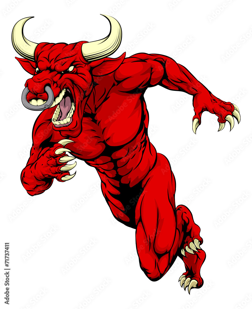 Red bull mascot running - obrazy, fototapety, plakaty 