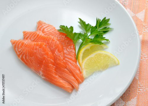 Salmon on white plate