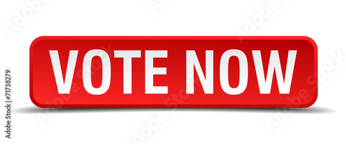 Vote now red 3d square button isolated on white