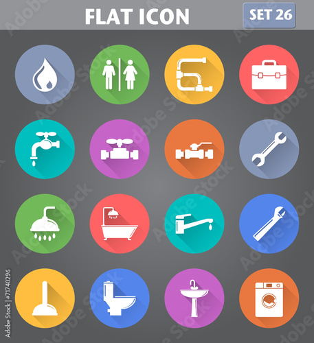 Plumbing Icons set in flat style with long shadows.