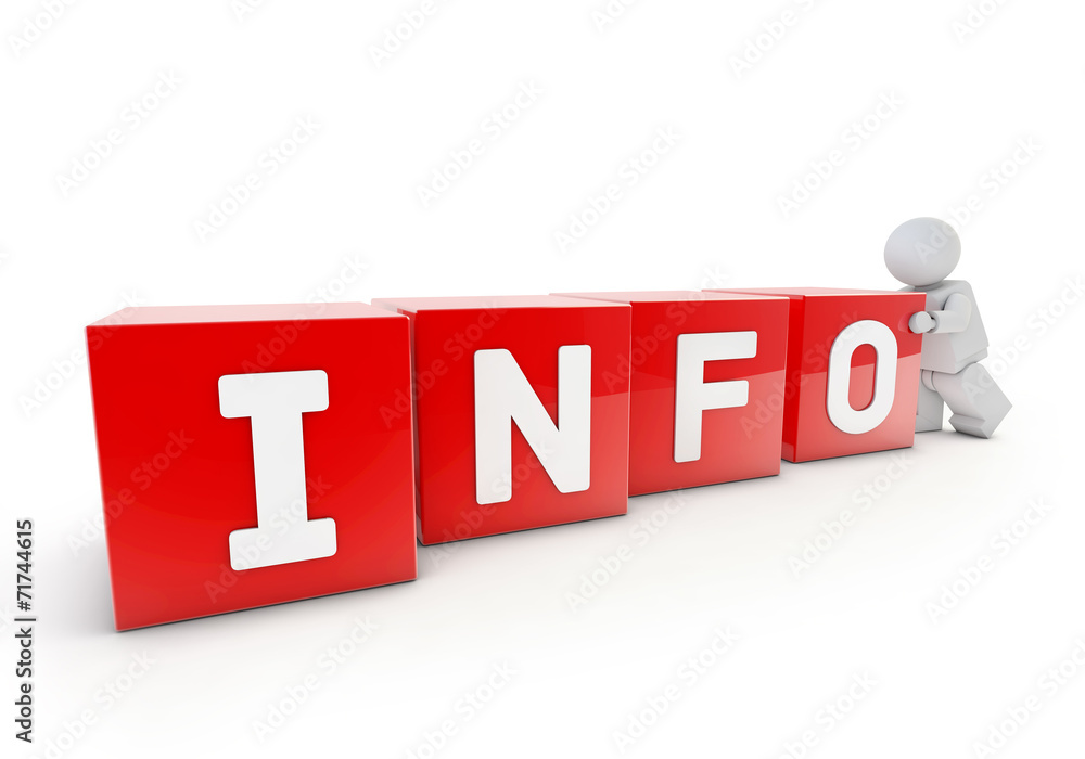 3d man pushing red 3d cubes with INFO word 3d man pushing red 3d cubes with INFO word