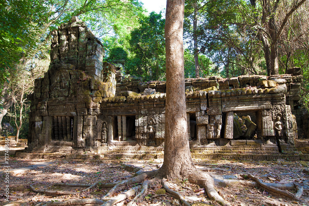 Naklejka premium The ancient ruins of a historic Khmer temple in the temple compl