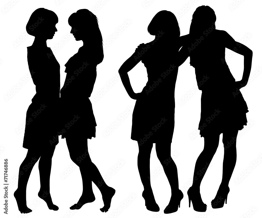 silhouette of two young slender women silhouette of two young slender women