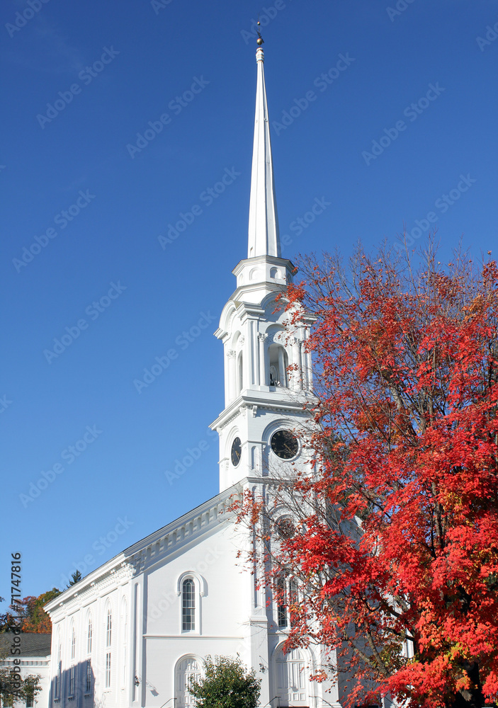new england fall with church