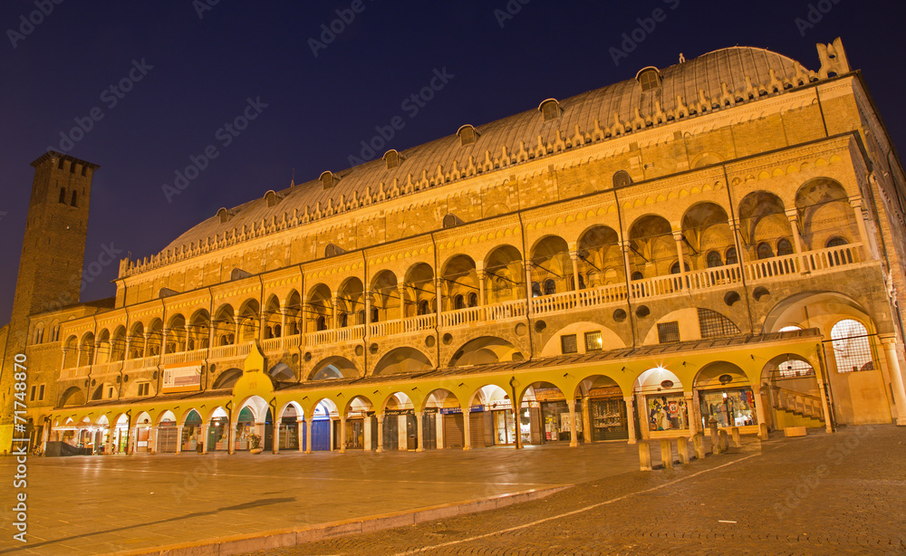 Padua -  Piazza della Fruta at night and Palazzo della Ragione.