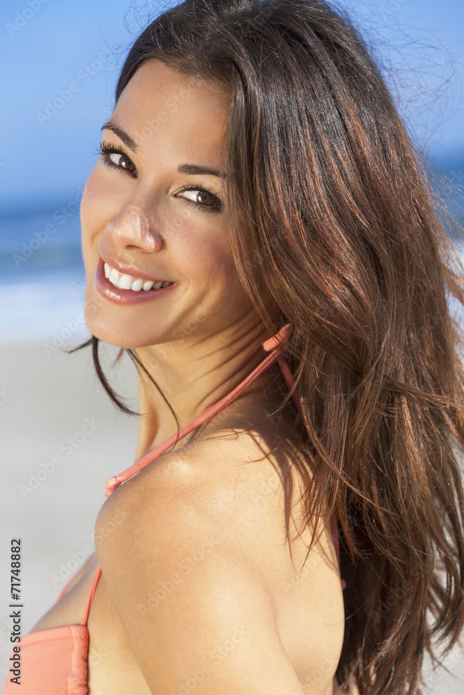 Beautiful Brunette Young Woman Girl in Bikini at Beach