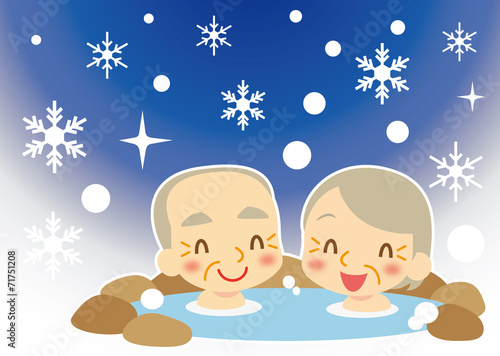 冬　雪国で温泉を楽しむ老夫婦