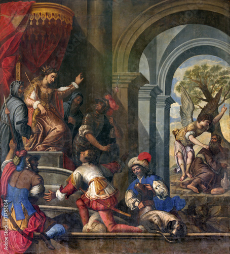 Padua - Paint of scene with prophet Elijah and  queen Jezebel photo