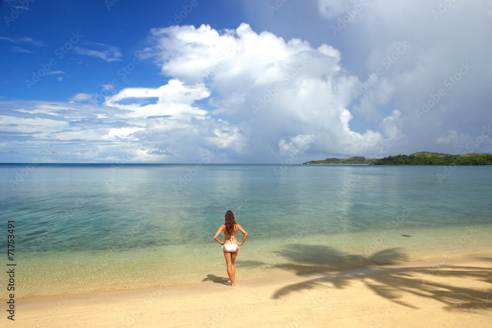 Young woman in bikini standing on a tropical beach, Nananu-i-Ra Young woman in bikini standing on a tropical beach, Nananu-i-Ra