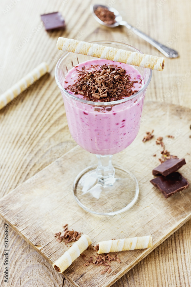 Milkshake with banana, strawberry, black currant and chocolate Milkshake with banana, strawberry, black currant and chocolate