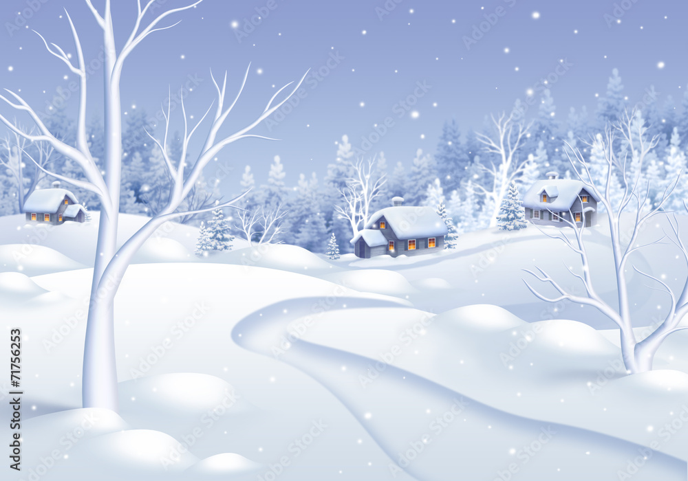 white winter village landscape illustration, holiday background