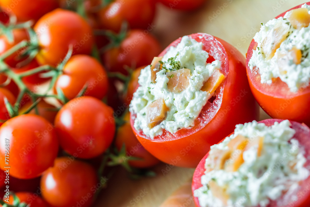 Healthy Red Tomatoes With Cheese Appetizer Close Up Healthy Red Tomatoes With Cheese Appetizer Close Up