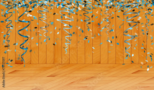 falling blue confetti in wooden room