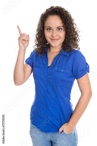 Isolated young business woman showing something with her finger.