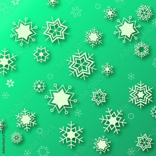Beautiful snowflakes on green background - winter illustration