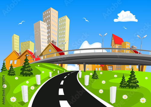 Vector city surrounded by nature landscape with bridge