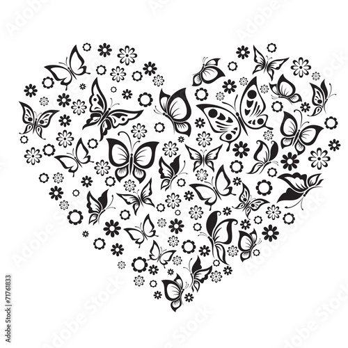 Vector illustrations black and white butterfly and flowers in he