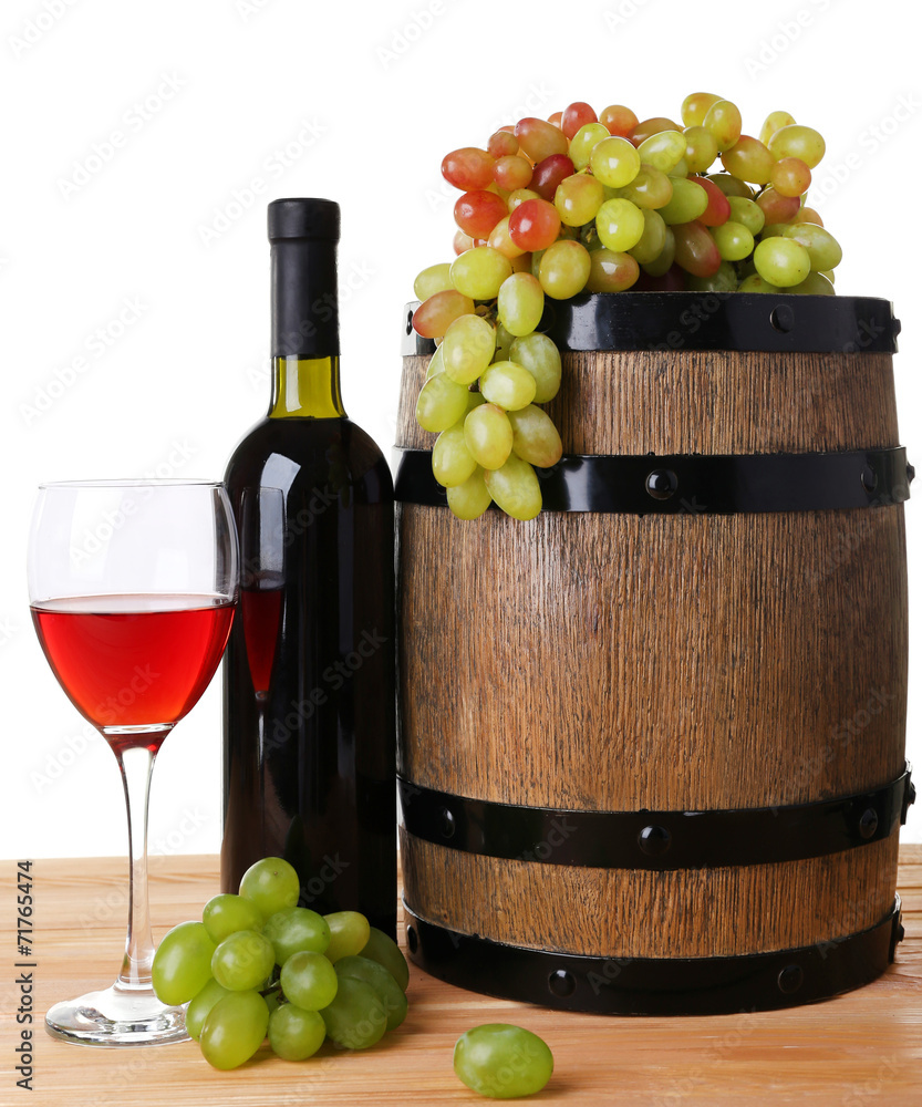 Wine in goblet and in bottle, grapes and barrel